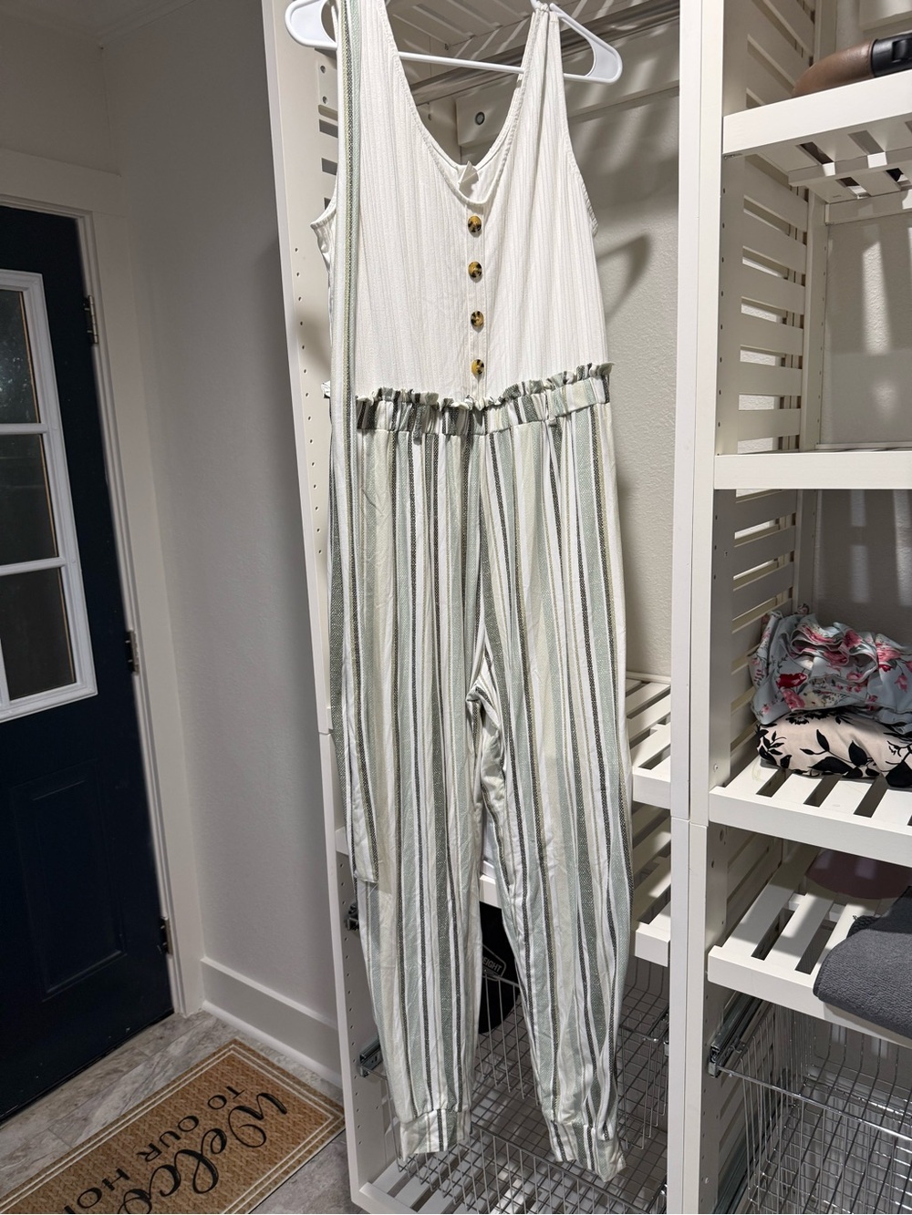 0022Striped Sleeveless Jumpsuit in White and Sage